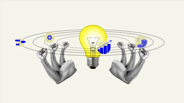 Multi hands over giant lightbulb symbolizing creative, innovative and successful ideas for project making. Contemporary art collage. Concept of teamwork, business, office, occupation, growth
