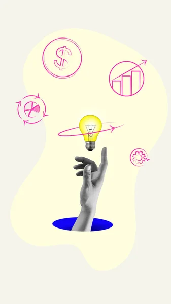 Human Hand Light Bulb Graphs Finances Mechanism Icons Development Successful — Stock Photo, Image