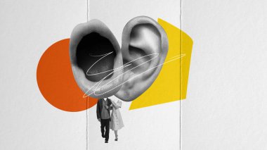 Geçmişe dönük kıyafetleri olan genç bir çift randevuya çıkıyor, bir kadın erkeklere sırlarını ve dedikodularını fısıldıyor, hayat hakkında konuşuyor. Çağdaş sanat kolajı. İlişki kavramı, sahteler. Yaratıcı tasarım