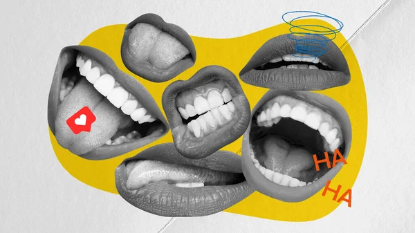 Viele Weibliche Münder Lachen Reden Verbreiten Gerüchte Einfluss Der Sozialen — Stockfoto