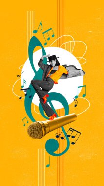 Gösterişli, sanatsal, duygusal, şık elbiseli genç bir kadın canlı sarı arka planda dans ediyor. Çağdaş sanat eserleri. Müzik anlayışı, yaşam tarzı, ses sanatı, performans. Yaratıcı tasarım