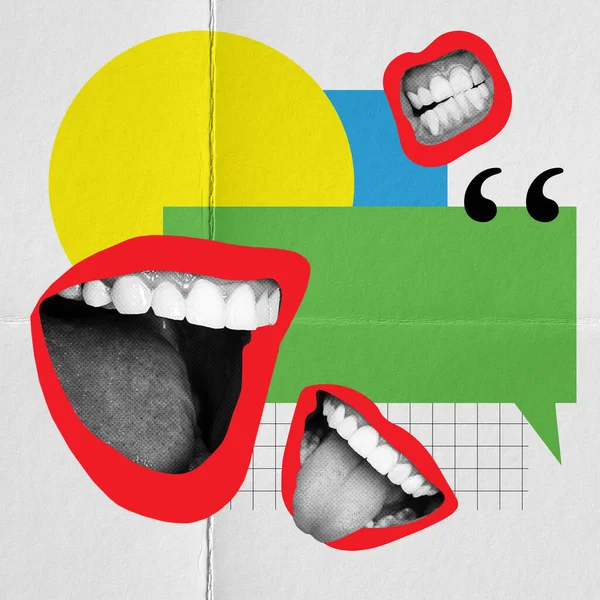 stock image Many female mouths talkig, shouting symbolzing communication and quotation. Contemporary art collage. Concept of business, social media, information, communication. Creative design