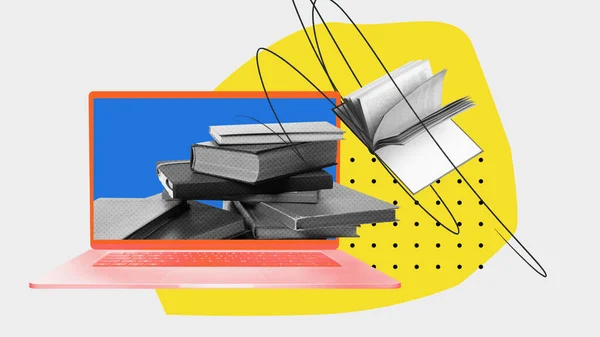 Laptop Dengan Banyak Buku Dalamnya Melambangkan Internet Akses Bebas Perpustakaan — Stok Foto