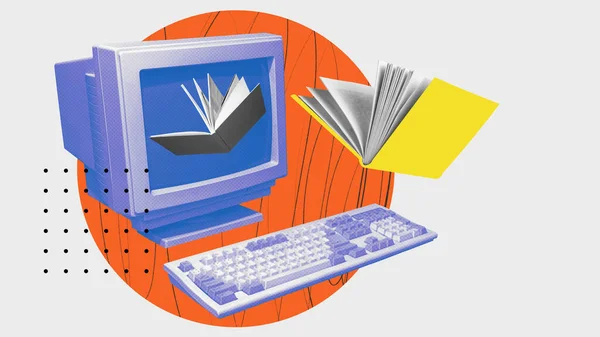 Könyvek Repül Retro Számítógép Monitor Szimbolizálja Szintű Információ Keresés Online — Stock Fotó
