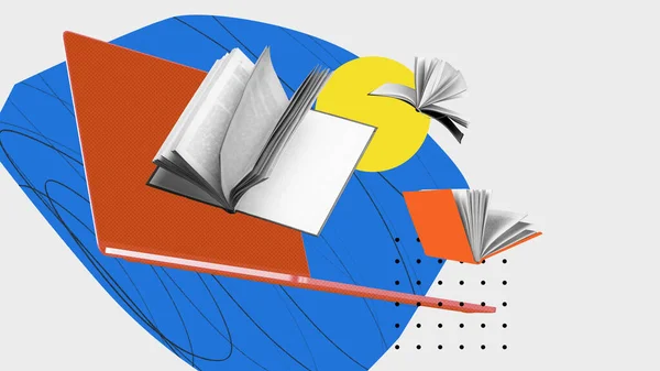 Książki Laptop Symbolizujące Lekcje Online Przygotowanie Egzaminów Nowych Wiedzy Kolaż — Zdjęcie stockowe