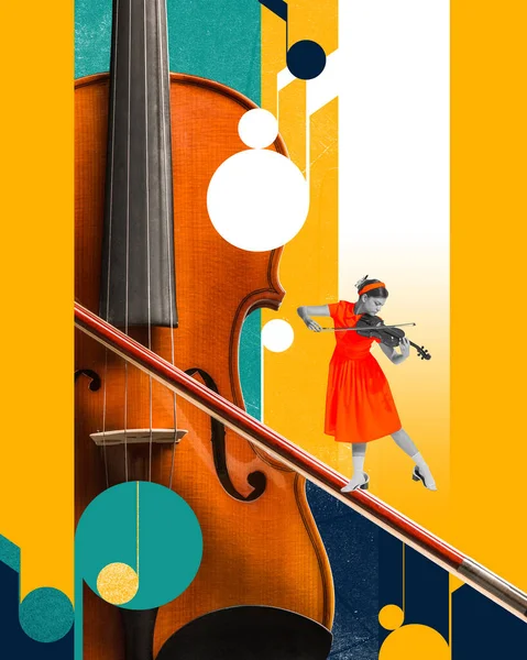 楽器で抽象的なカラフルな背景の上にバイオリンで柔らかい音楽を演奏若い才能のある女の子 現代美術のコラージュ 音の芸術 パフォーマンスの概念 創造的なデザイン — ストック写真