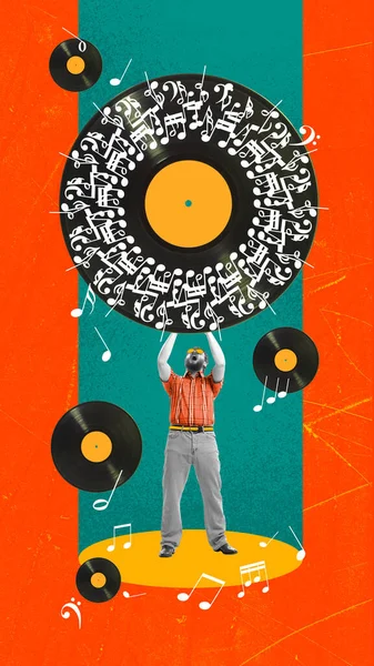 Άνθρωπος Που Ακούει Μουσική Ζωτικό Δίσκο Ζωντανό Φόντο Κολάζ Σύγχρονης — Φωτογραφία Αρχείου