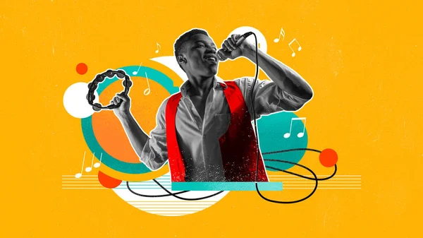 Talentovaný Afričan Zpívá Mikrofonu Hraje Tamburínu Živém Žlutém Pozadí Koláž — Stock fotografie