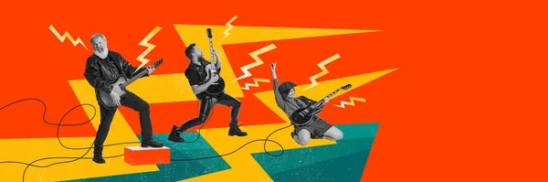 摇滚乐队 男人和女孩在生动的背景下弹奏电吉他 当代艺术拼贴 音乐的概念 生活方式 声音的艺术 创意鲜明的设计 — 图库照片