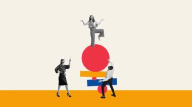 Beyin fırtınası. Şirket gelişimi için yaratıcı ve yenilikçi fikirler üreten bir grup çalışan. Hareket etmeyi, animasyonu durdurun. Çağdaş sanat. Ofis, iş, kariyer, başarı kavramı.