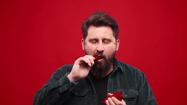 Skæg Mand Spiser Rød Hot Chili Peber Rød Studie Baggrund – Stock-video