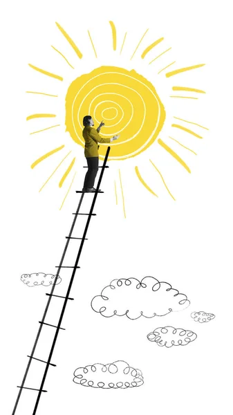 Ember Felmászik Lépcsőn Nap Felé Pozitív Energia Boldogság Mentális Stabilitás — Stock Fotó