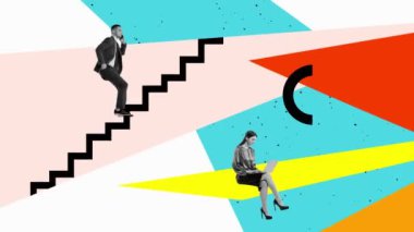 Hareket etmeyi, animasyonu durdurun. İş adamı, ofis müdürü ve kadın, çalışan bir çalışan. İş projeleri yaratıyorum. Kariyer geliştirme, başarı, işbirliği ve takım çalışması kavramı, yenilikler