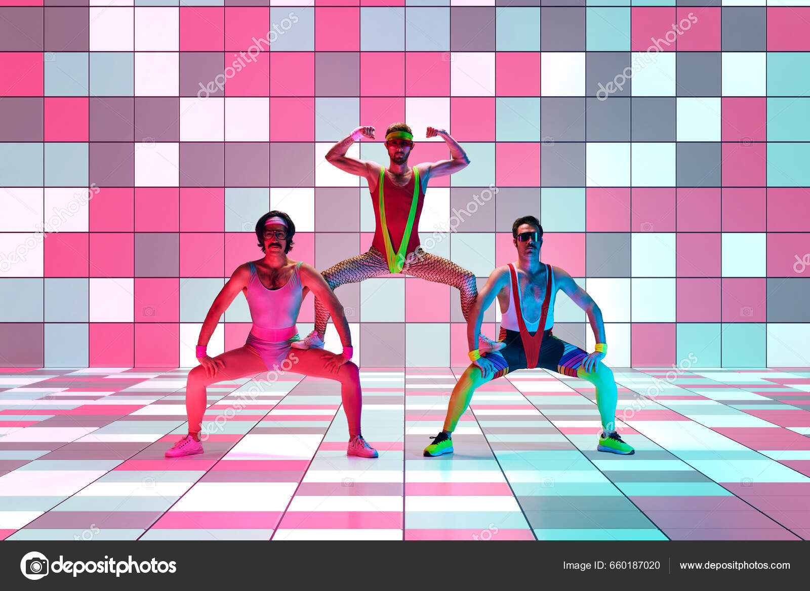 Three Men Stylish Vintage Sportswear Training Doing Aerobics Exercises  Multicolored Stock Photo by ©vova130555@gmail.com 660187020