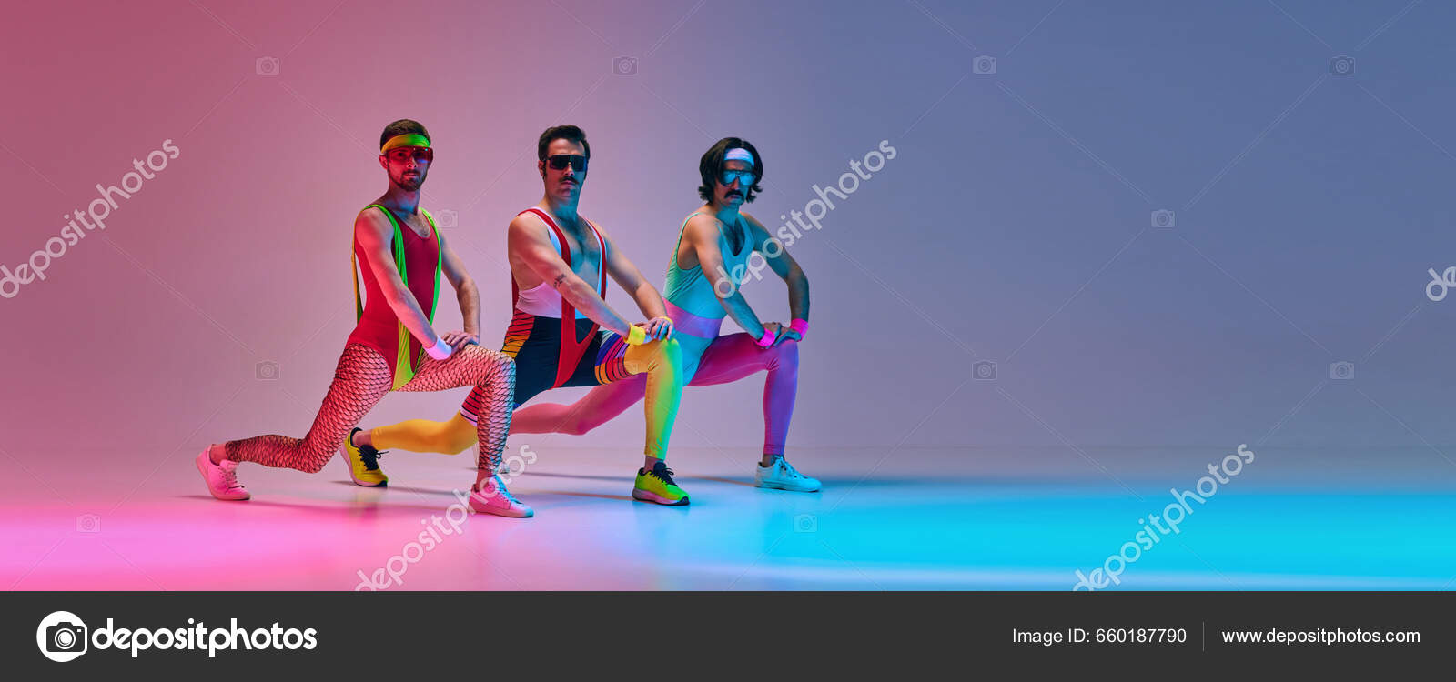 Sportive Serious Man Funny Sportswear Stretching Training Gradient Blue Pink Stock Photo vova130555 gmail 660187790
