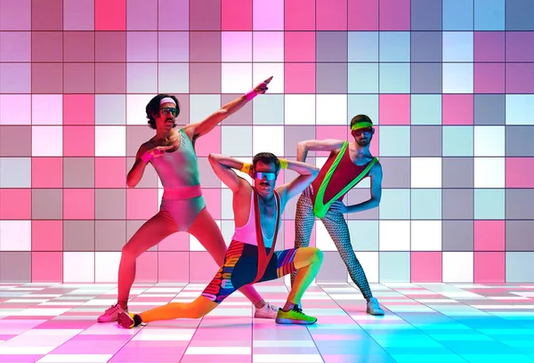 Disco Aerobics Young Men Retro Colorful Sportswear Training Multicolored Mosaic — Stock Photo, Image