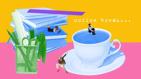 Kaffeepause Mitarbeiter Büroangestellte Springen Die Kaffeetasse Mittags Collage Zeitgenössischer Kunst — Stockfoto