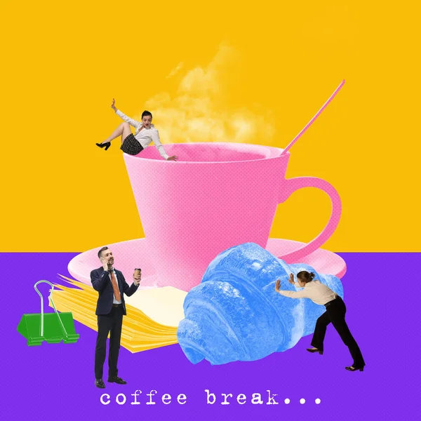 Kaffee Und Mittagspause Büroangestellte Angestellte Trinken Kaffee Essen Telefonieren Collage — Stockfoto