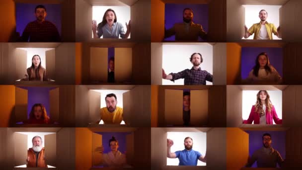 Koláž Různí Lidé Muži Ženy Děti Otevírají Kartónovou Krabici Vybalují — Stock video