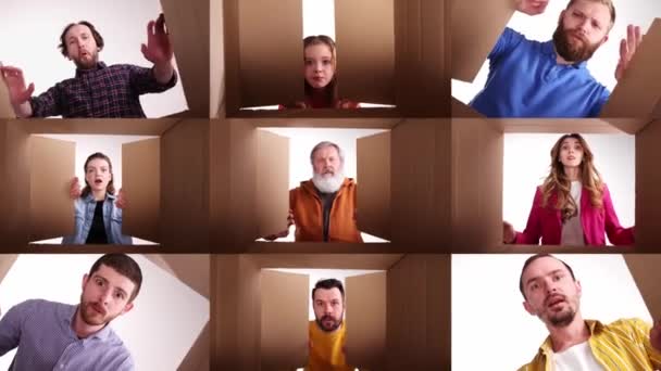 Koláž Různí Lidé Muži Ženy Děti Otvírají Kartónovou Krabici Vybalují — Stock video