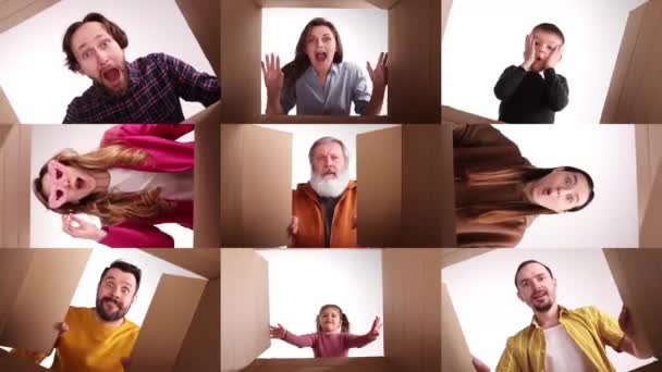 Colaj Diferiți Oameni Bărbați Femei Copii Deschid Cutia Carton Despachetează — Videoclip de stoc