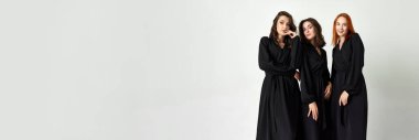 Zarif siyah elbiseli üç güzel kadın ışık stüdyosunun arka planında poz veriyor. Zarif moda anlayışı, kadın güzelliği, iş, alışveriş, satış. Pankart. İlan için alanı kopyala