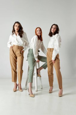 Kadınlık. Işık stüdyosunun arka planında şık giyinmiş zarif, genç ve güzel kadınların portresi. Zarif moda kavramı, kadın güzelliği, iş, alışveriş, satış, reklam