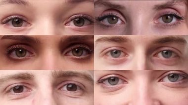 Farklı insanların gözlerinin yakın plan görüntülerinden oluşan bir kolaj. Genç erkekler ve kadınlar kameraya bakıyor. Gülümsüyor. İnsan duyguları kavramı, çeşitlilik, yaşam tarzı, duygular, izlenim