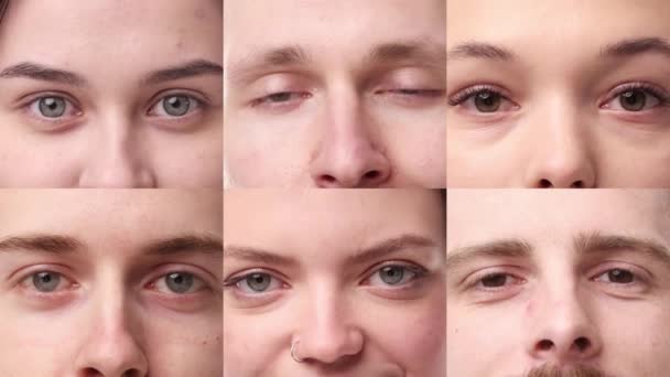 Video Collage Lavet Close Billeder Forskellige Folks Øjne Unge Mænd – Stock-video