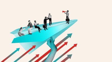 Yeni bir yol. İş adamları, çalışanlar yeni projeler için hazırlanıyor. Girişimler başlatılıyor. Yaratıcı fikirleri takip ediyorum. Çağdaş sanat kolajı. İş kavramı, ofis yaşam tarzı, kariyer, takım çalışması