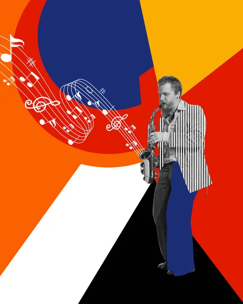 Umělecký Muž Retro Stylu Oblečení Dělat Výkon Hrát Saxofon Přes — Stock fotografie