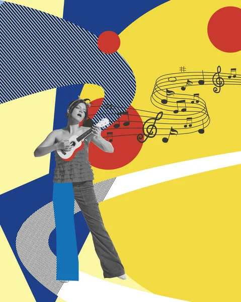 ウクレレを演奏する才能のある若い女の子 多色の抽象的な背景に対する小さなギター 現代美術のコラージュ 音楽祭 創造性 インスピレーション アート 広告の概念 — ストック写真