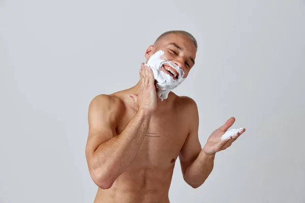 Portrait Shirtless Young Man Applying Shaving Cream White Studio Background — Stock Photo, Image