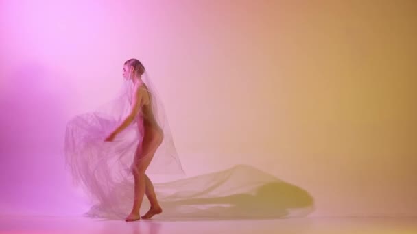 Piękno Ruchów Tender Młoda Balerina Taniec Przezroczystej Tkaniny Tle Gradientu — Wideo stockowe