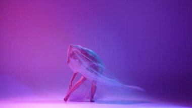 Özgürlük için. Genç, narin bir kız, şeffaf kumaşla dans eden bir balerin, neon ışıklarıyla değişen pembe stüdyo arka planına karşı. Klasik sanat kavramı, dans, güzellik, ilham