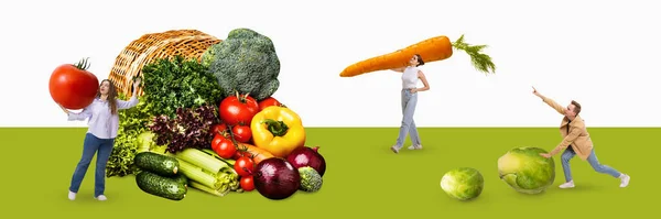若い人 女性と男性は 健康的な栄養の後 多くの野菜を運ぶ 菜食主義者だ 現代美術のコラージュ 健康食事 健康管理 食品の概念 バナーだ — ストック写真