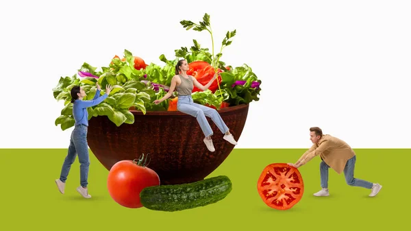 健康的な食事の後 野菜のサラダを作る若者 健康とエネルギーのためのビタミンを食べる 現代美術のコラージュ 健康食事 健康管理 食品の概念 広告のコピースペース — ストック写真