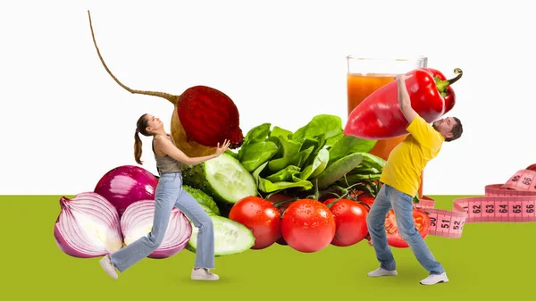 重量損失 若い人 男性と女性は 健康的な食事の後 異なる野菜を食べる 現代美術のコラージュ 健康食事 健康管理 食品の概念 — ストック写真
