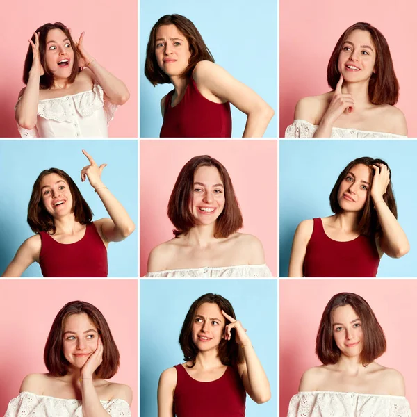 Collage Porträtt Ung Vacker Brunett Flicka Poserar Med Mångfald Känslor — Stockfoto