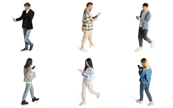Colagem Conceitual Com Pessoas Caminhando Usando Diferentes Gadgets Para Trabalho — Fotografia de Stock