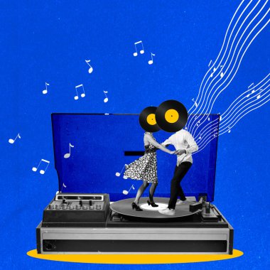 Young people, man and woman dancing on retro vinyl player against blue background. Celebration, disco party, Contemporary art collage. Concept of music, festival, inspiration, art, fun, party, event clipart