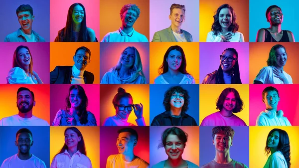 在霓虹灯下 由不同年龄 性别和民族的人在五颜六色的背景下微笑的画像组成的学院 人类情感的概念 生活方式 面部表情 — 图库照片