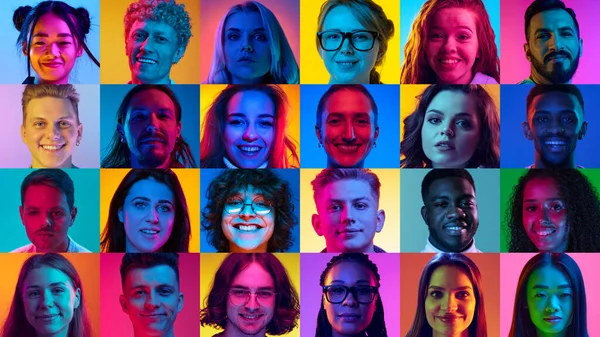 Kolaj Farklı Yaş Cinsiyet Milliyetten Farklı Insanların Portreleri Neon Işıkta — Stok fotoğraf