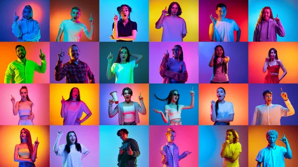 Farklı Erkek Kadınların Portrelerinden Yapılmış Kolaj Neon Işıkta Parmaklarını Çok — Stok fotoğraf