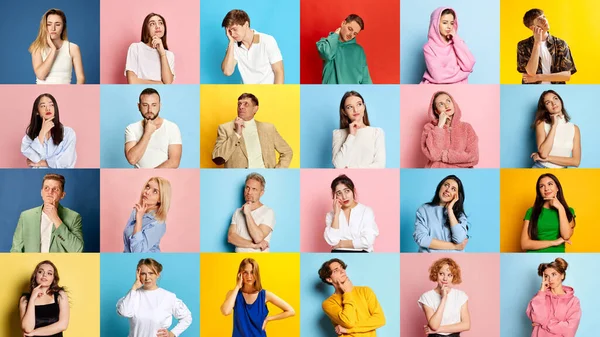 Collage Fatto Ritratti Persone Diverse Con Viso Riflessivo Sfondo Multicolore — Foto Stock