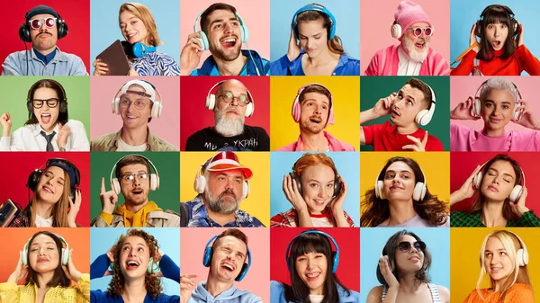 Colagem Feita Retratos Pessoas Diferentes Homens Mulheres Ouvindo Música Contra — Fotografia de Stock