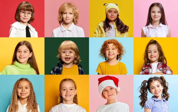 Collage Hecho Retratos Niños Niñas Alegres Niños Posando Sonriendo Sobre — Foto de Stock