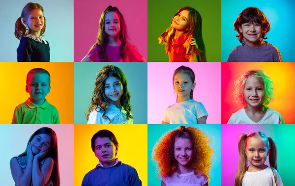 Collage Gjord Porträtt Glada Små Pojkar Och Flickor Barn Poserar — Stockfoto