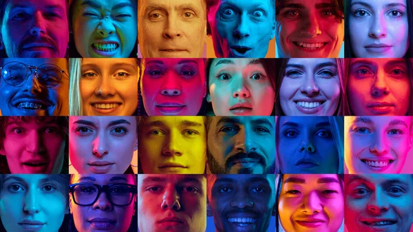 Farklı Insanların Yakın Plan Portrelerinden Yapılmış Kolaj Erkekler Kadınlar Neon — Stok fotoğraf