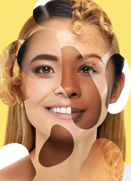 女性的脸是由不同年龄和不同国籍的不同妇女的画像制成的 女性主义和友谊 社会平等 多样性 接受的概念 — 图库照片